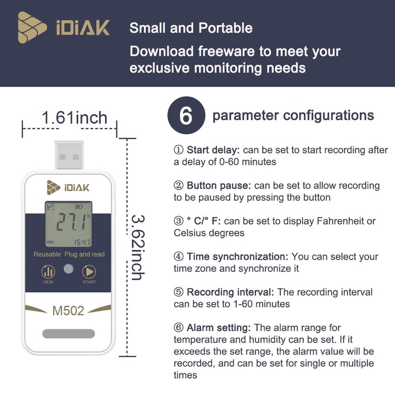 IDIAK M502 Temperature Data Logger USB Temp/Humidity Recorder with PDF and Excel (Reusable) Refrigerator Recording Thermometer 14400 Points High Accuracy (no delay - 1 Pack) - Image 3